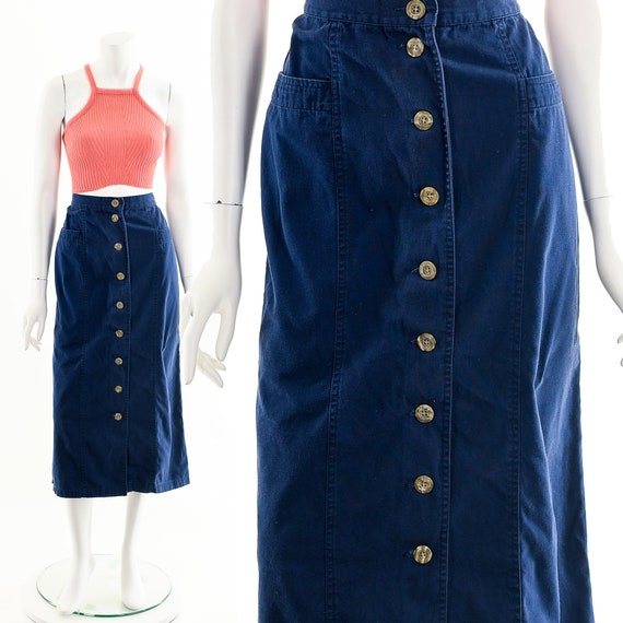 Navy Button Up Midi Skirt,Blue Sexy Button Skirt,… - image 1