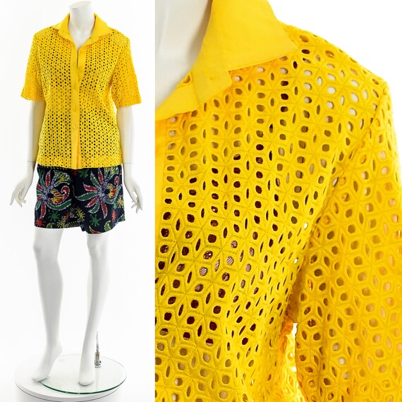 Bright Yellow Button Up Eyelet Top - image 3