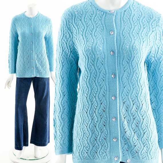 60's Turquoise Wavy Knit Cardigan Sweater - image 2