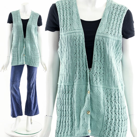 Sea Green Crochet Knit Cardigan Vest - image 1