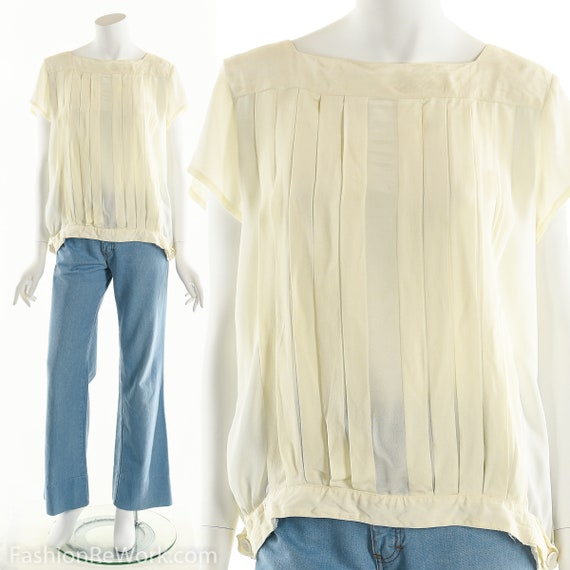 Vintage Japanese Blouse, White Blouse, Pleated Whi