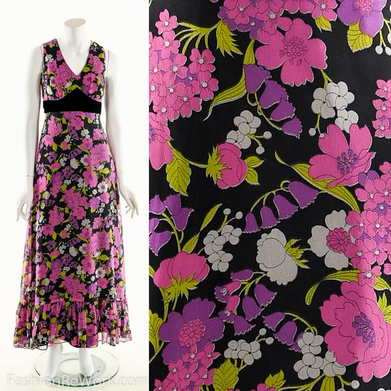 Floral Chiffon Ruffle Maxi Dress 60s