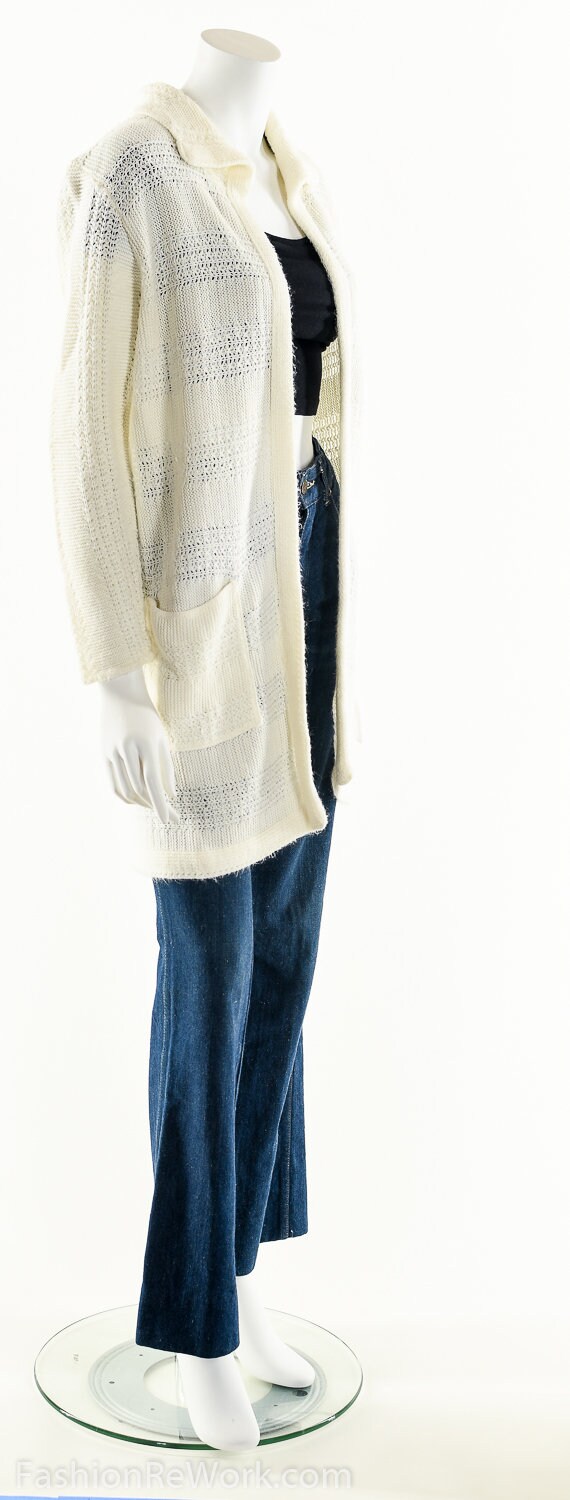 70s White Knit Sweater Duster Cardigan - image 2