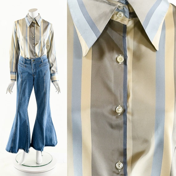 Striped Silky Blouse,Dandy Inspired Blouse,Menswe… - image 1