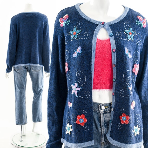 Butterfly Flower Cardigan,Floral Patchwork Appliq… - image 3