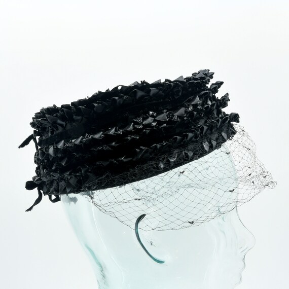 Black Woven Ribbon Pillbox Hat with Bird Cage Veil - image 7