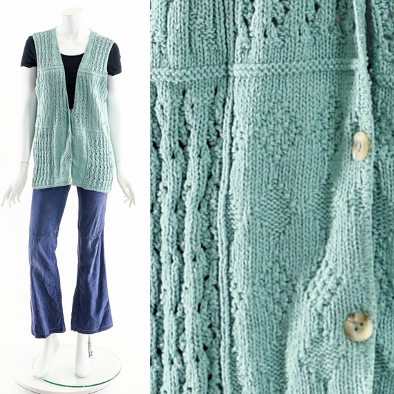 Sea Green Crochet Knit Cardigan Vest - image 3