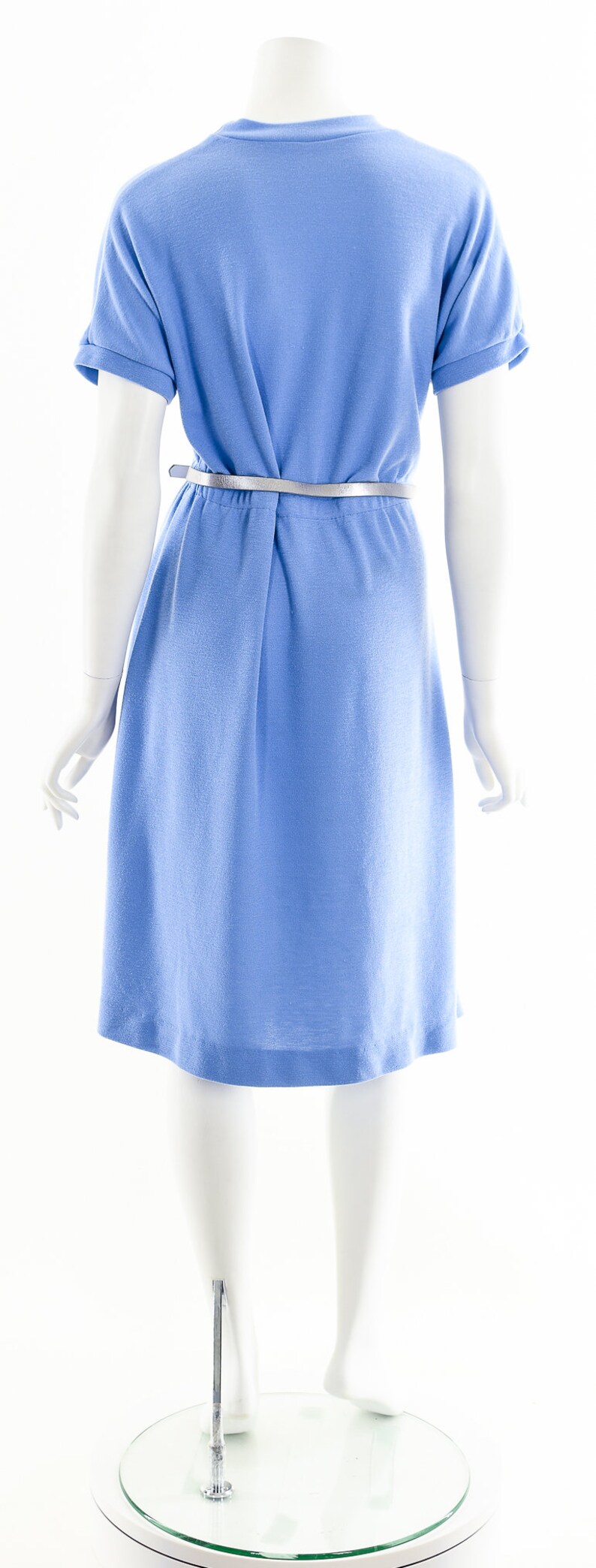 blue knit tshirt dress,80s knit fit and flare dress,mock neck dress, image 7