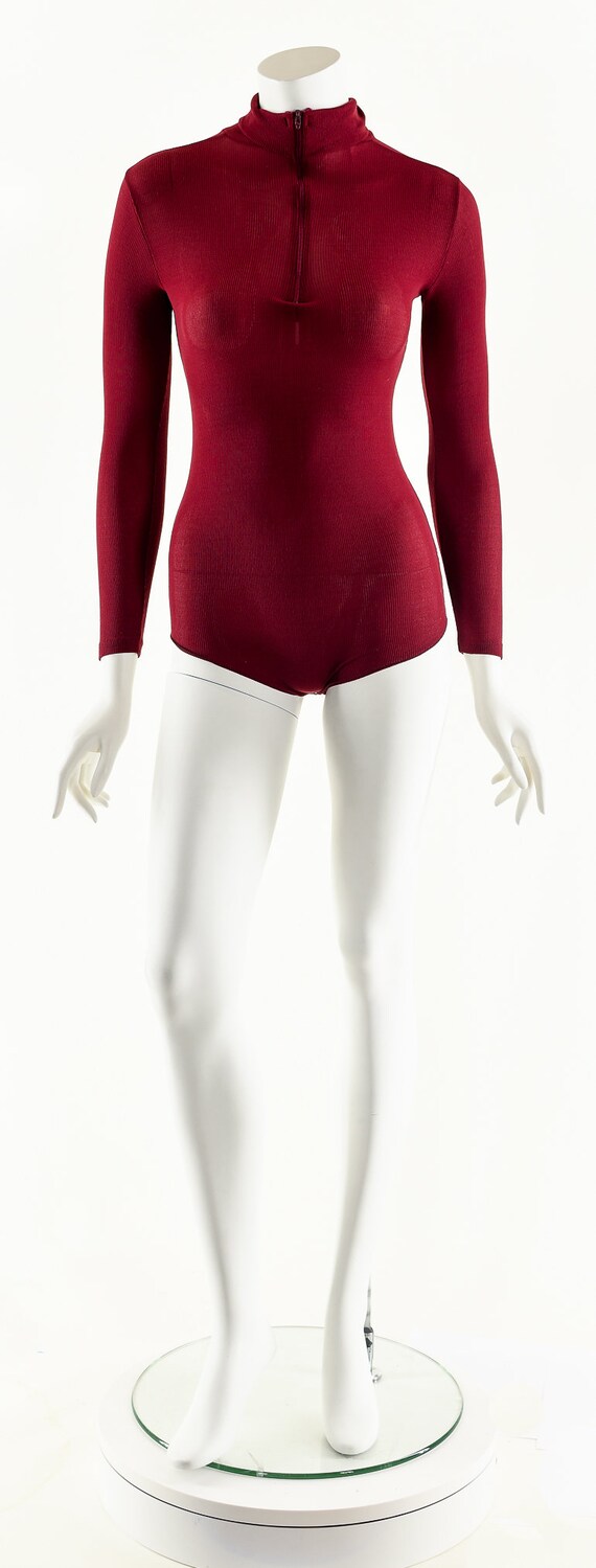 70's Dark Red Bodysuit,Long Sleeve Collared Bodys… - image 10