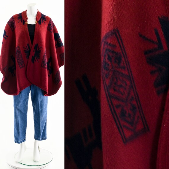 red alpaca wool poncho, southwest south american … - image 3