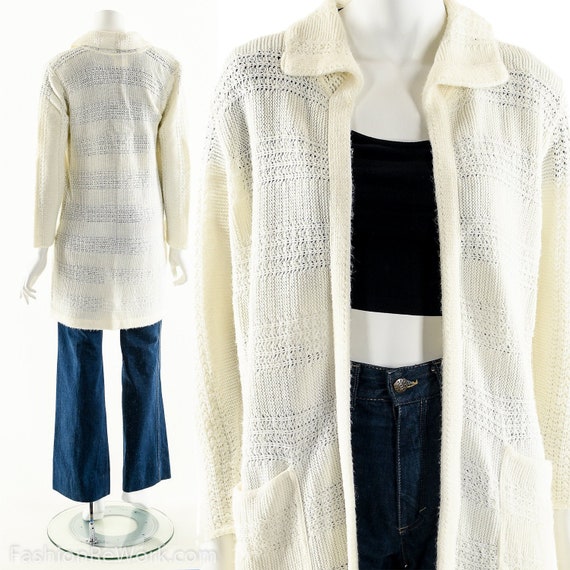 70s White Knit Sweater Duster Cardigan - image 1