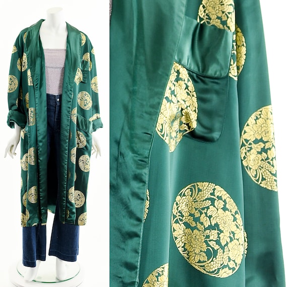 Emerald Green Silk Duster,Green Gold Kimono,Asian… - image 3