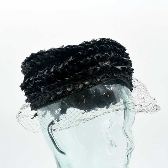 Black Woven Ribbon Pillbox Hat with Bird Cage Veil - image 8