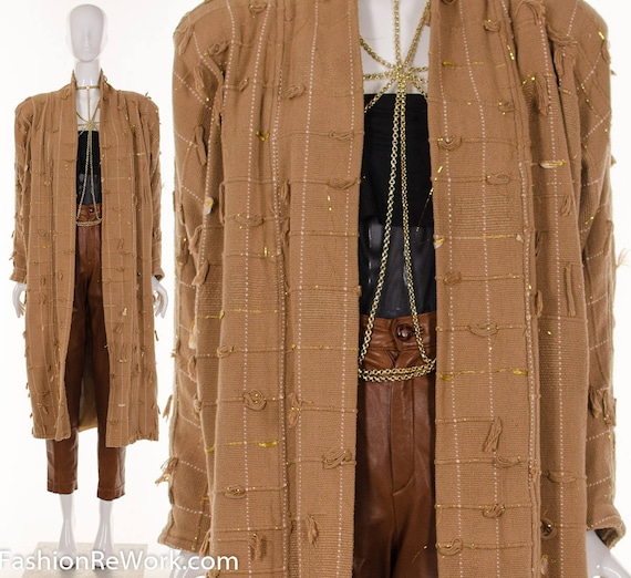 Vtg RARE Hand Woven KIMONO Jacket Golden Brown Ta… - image 1