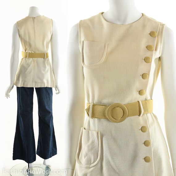 White Mod Mini Dress, Mod Tunic Dress, 60's White