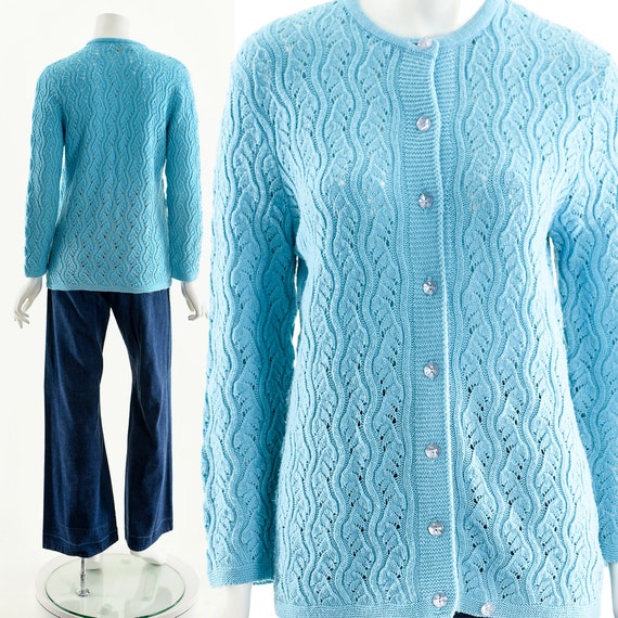 60's Turquoise Wavy Knit Cardigan Sweater - image 3