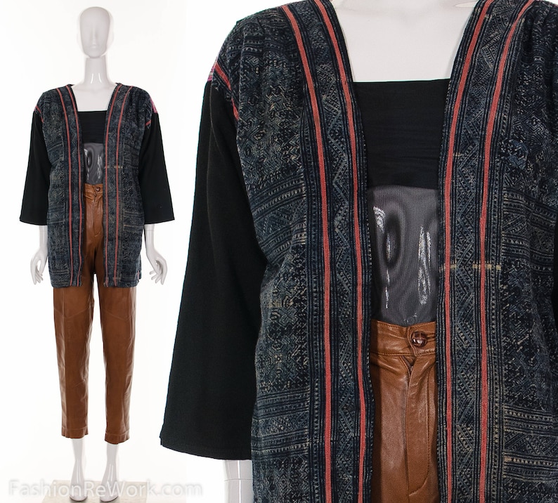 Vintage INDIGO Hand Embroidered Jacket Ethnic Hand Woven Jacket Wearable Textile Art Jacket Open Style REVERSIBLE Jacket Indigo Dyed Double Gauze Engineer Jacket | Suit fashion