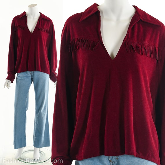 Red Fringe Top, Faux Leather Fringe Blouse, Boho R