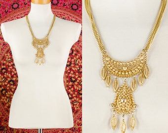 Iconic Runway Statement Necklace in Textured Gold Tone Vintage 60's 70's Gold Chain Ornate Necklace