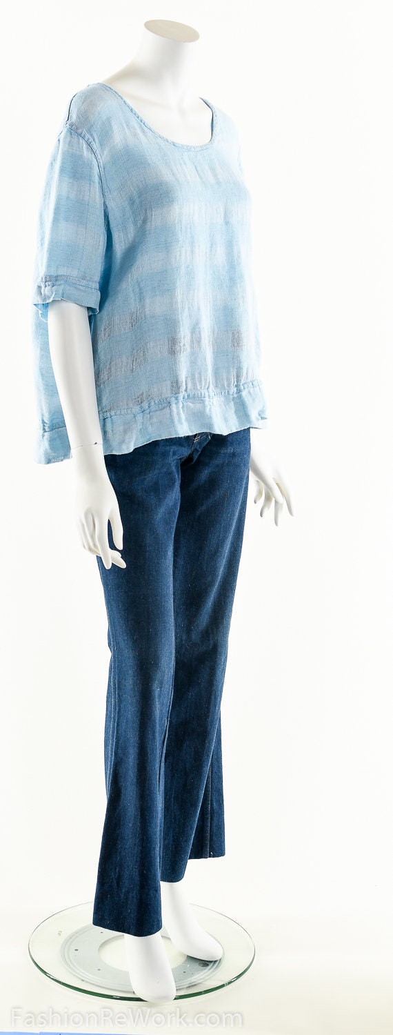 Blue Linen Blouse, Vintage Linen Top, Baby Blue B… - image 2