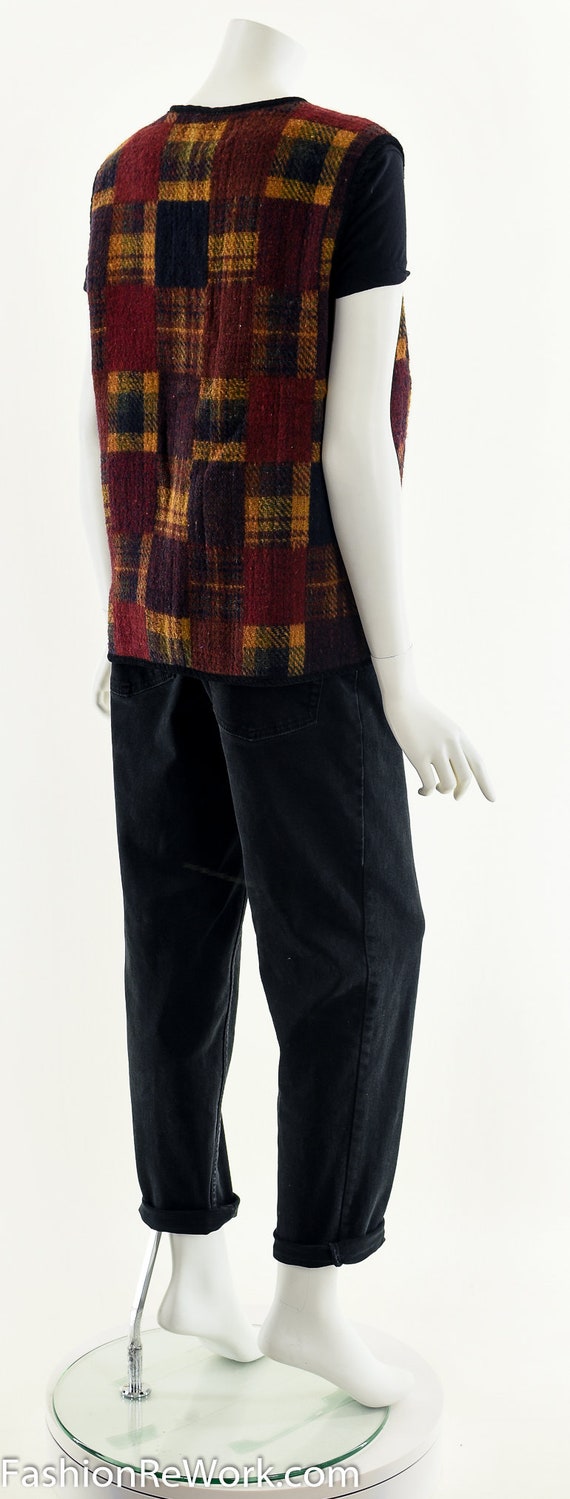 Dark Woolen Patchwork Plaid Vest - image 4