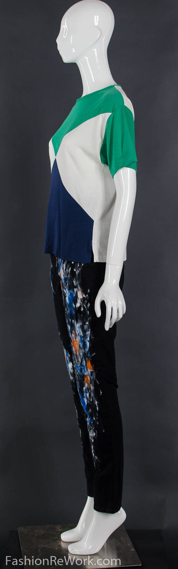 80's COLOR BLOCK Triangular T-Shirt Geometric Gre… - image 6