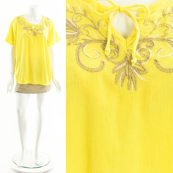 boho yellow blouse, peasant blouse, embroidered bl