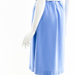 blue knit tshirt dress,80s knit fit and flare dress,mock neck dress, image 8