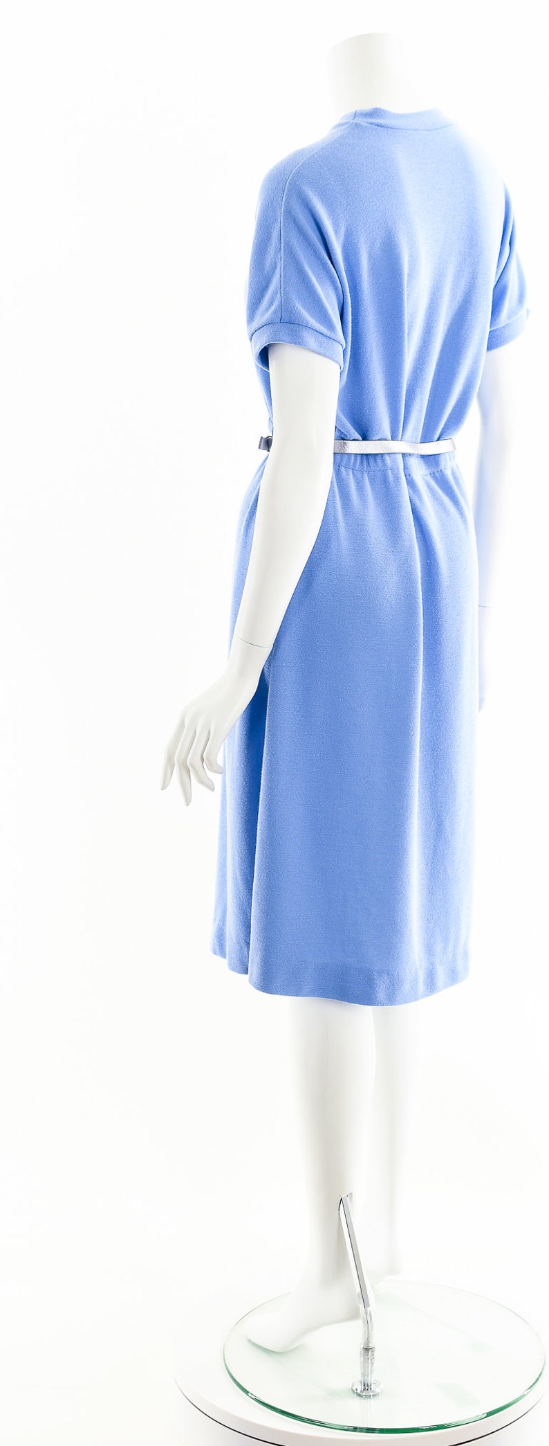 blue knit tshirt dress,80s knit fit and flare dress,mock neck dress, image 8