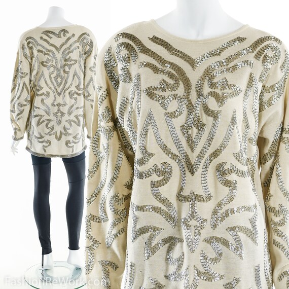 Heavily Beaded Sweater, Italian Sweater, Wool Swea