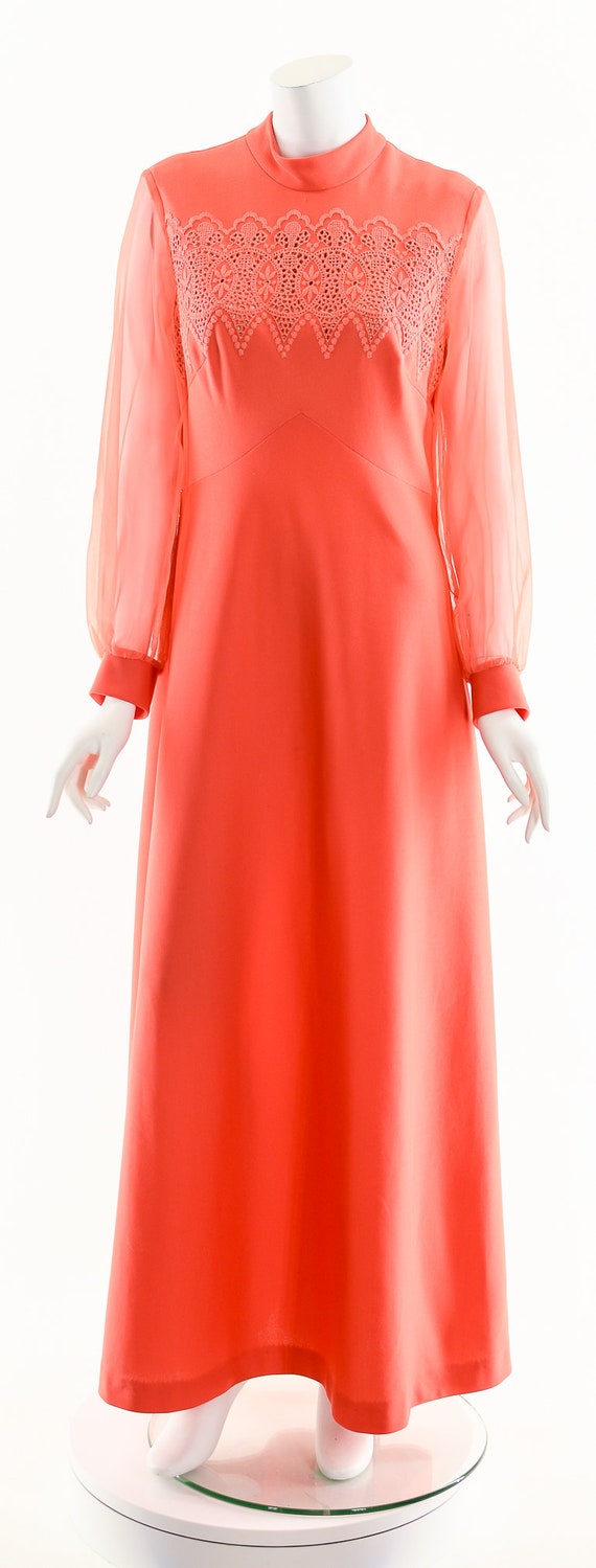 Coral Lace Chiffon Dress,60s Pink Orange Dress,Ba… - image 4