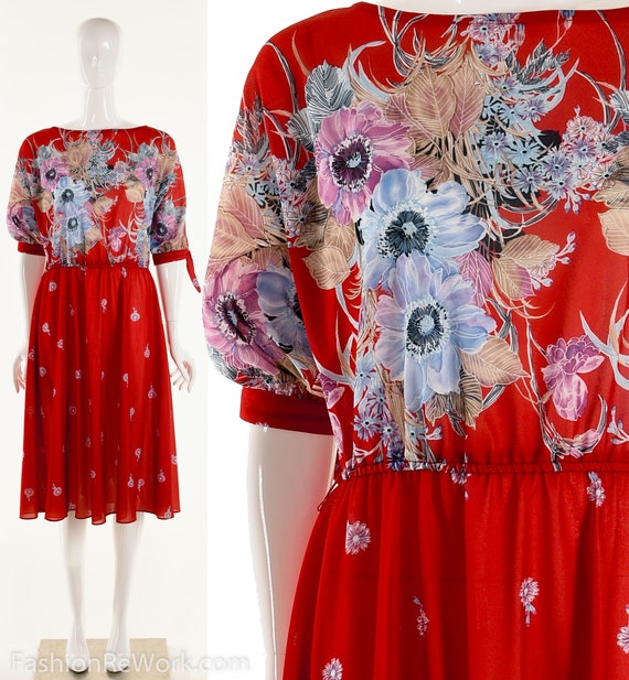 Red Floral Dress Floral Red Dress Knee Length Wate