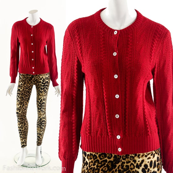 Red Cardigan Sweater,Cable Knit Sweater,50s Retro… - image 7