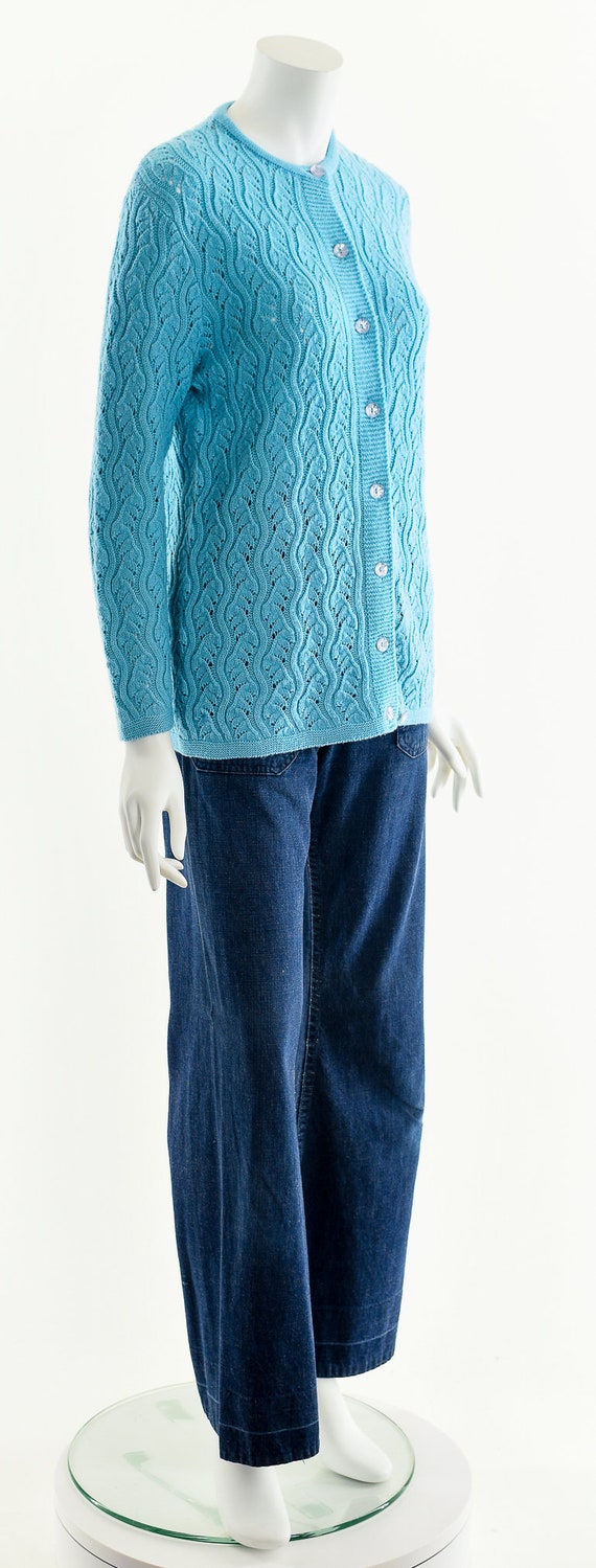 60's Turquoise Wavy Knit Cardigan Sweater - image 4