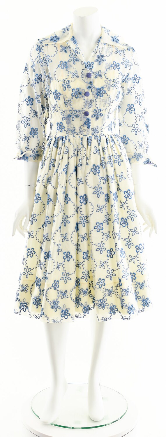 Vintage 1950's Suzy Perette Dress,Blue Daisey Sil… - image 4