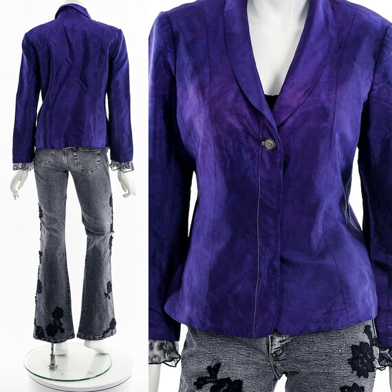 Purple Silk Leopard Frill Blazer - image 2