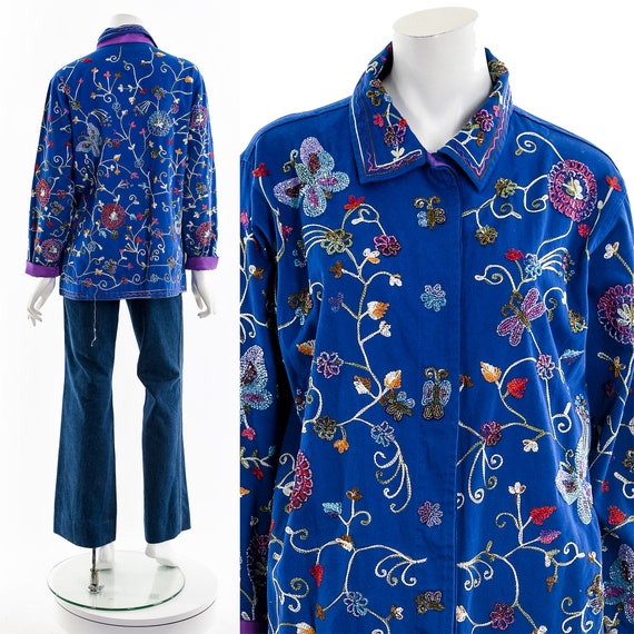 Blue Beaded Butterfly Embroidered Chore Coat - image 3