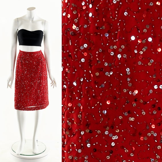 Red Beaded Silk Skirt beaded Sequin Skirt high Waist Silk Skirt glitter Glamorous Skirt classic Cherry Red 90s Red Skirt new Years christmas Etsy Canada