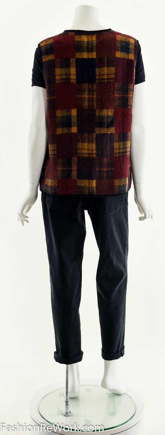 Dark Woolen Patchwork Plaid Vest - image 5