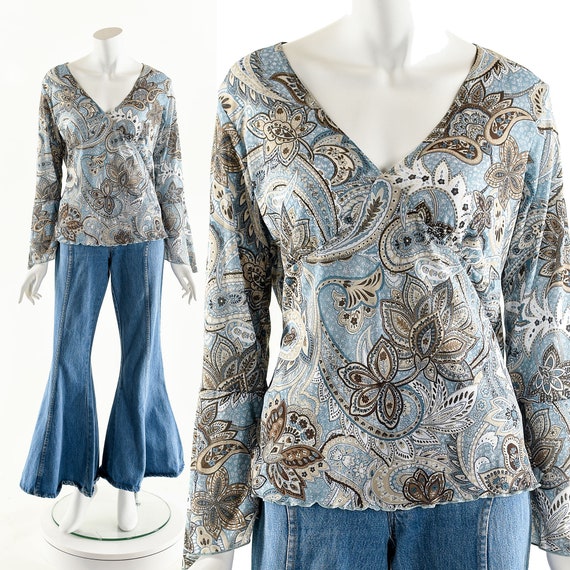 Blue Bohemian Blouse,Paisley Print Boho Top,90s D… - image 2