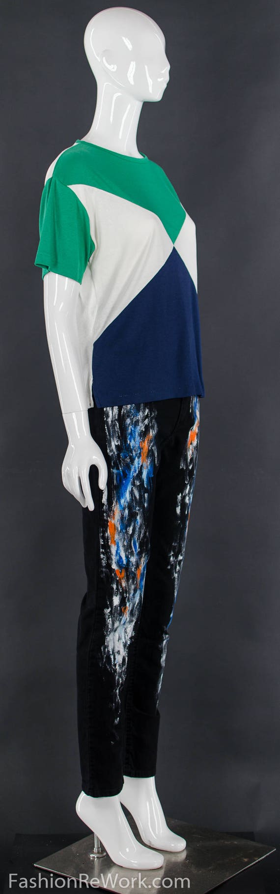 80's COLOR BLOCK Triangular T-Shirt Geometric Gre… - image 3