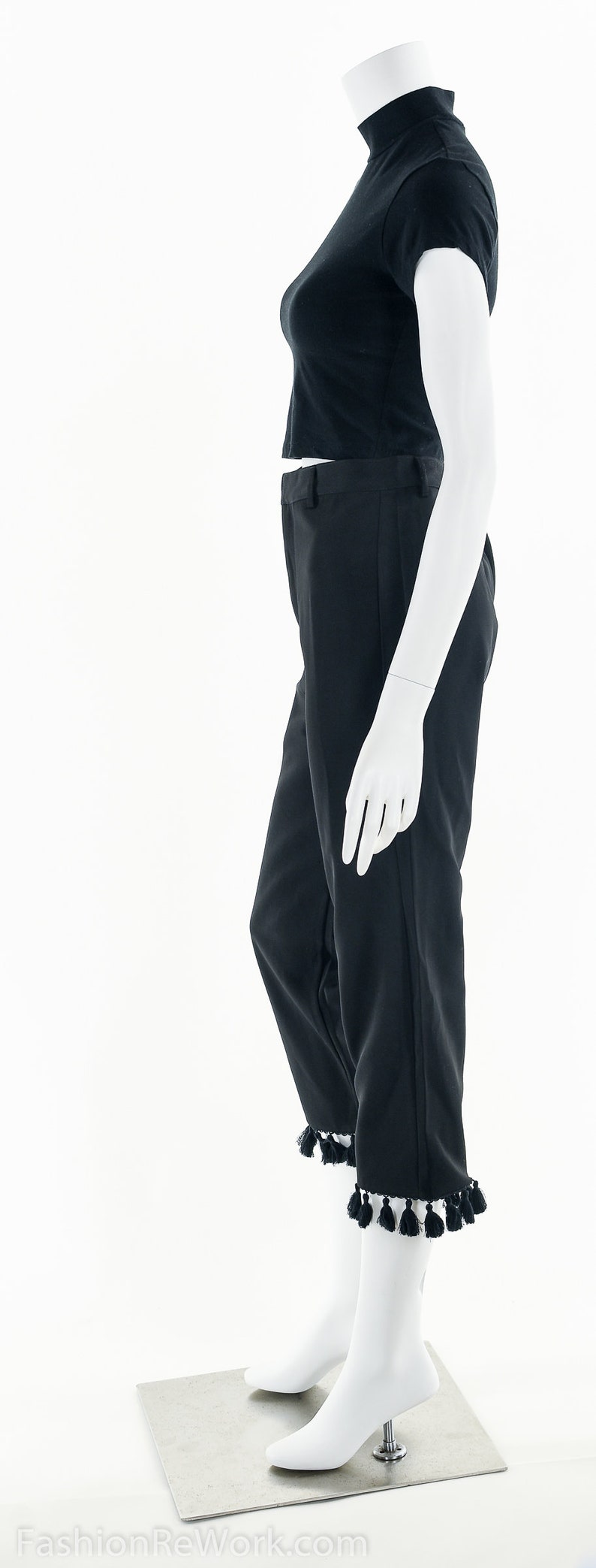 High Waist Pants Capri Fringe Pants Fringe Pants Dress Pants, Tassel Dress Pants Vintage Black Pants 90\u2019s Tassel Pants