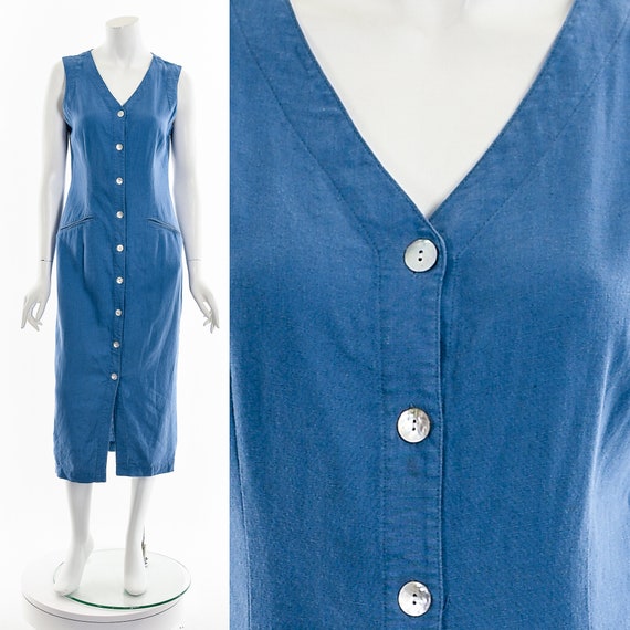 Dusty Blue Linen Button Down Midi Dress - image 3