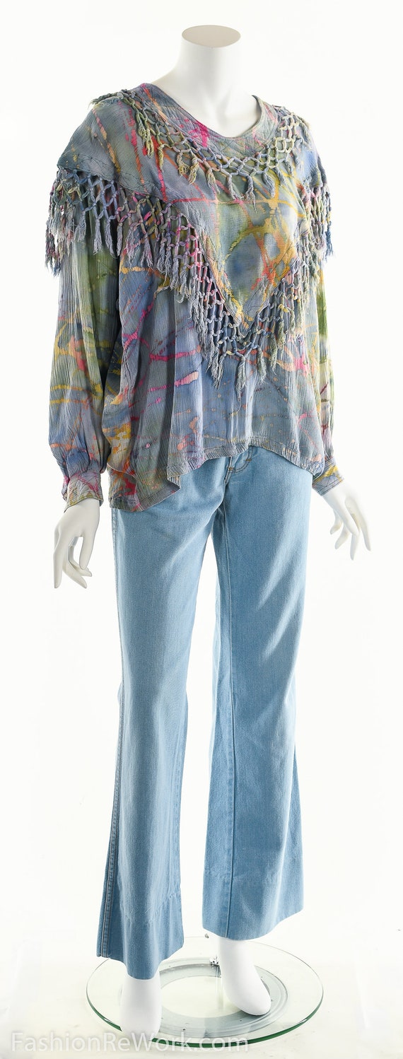 Fringe Tie Dye Gauze Top, Vintage Cotton Gauze Bl… - image 3