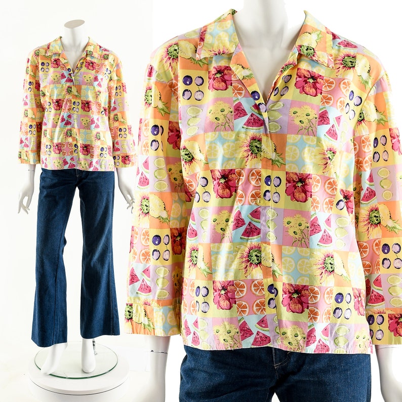 Fruit Flower Top,Fruit Novelty Print Blouse,Fruity Watercolor Button Down,90s 00s Y2K Top,Gift for Fruit Lovers,Vintage Fruit Print Top image 2