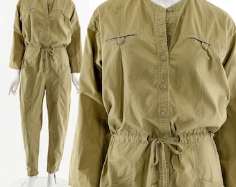 Khaki Cotton Button Up Utilitarian Jumpsuit