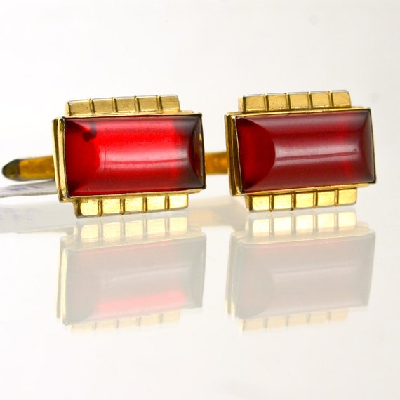 Vintage Wedding cufflinks Retro Ruby Glass Art De… - image 1