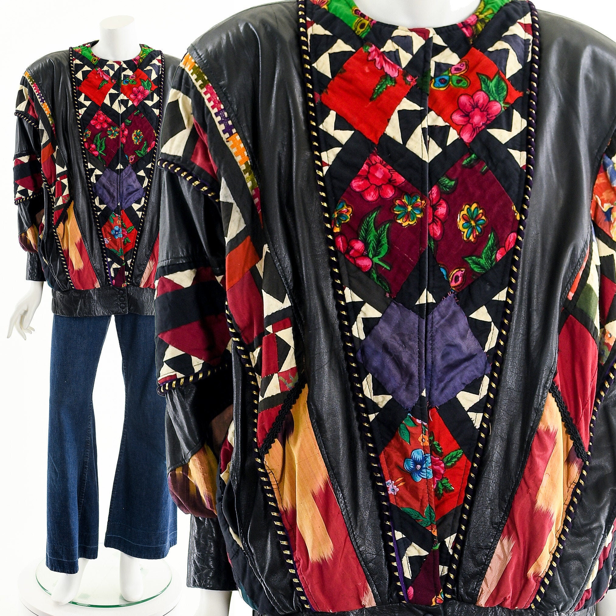 Patchwork Leather Jacket, Quilted Leather Coat,batwing