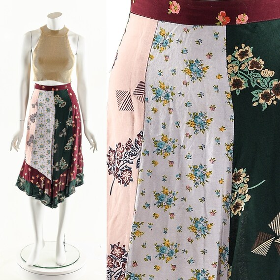 Patchwork Floral Skirt,Vintage Tie Skirt,Patchwork