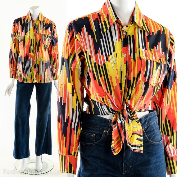 Novelty Print Button Down Blouse, 70’s Funky Abst… - image 4